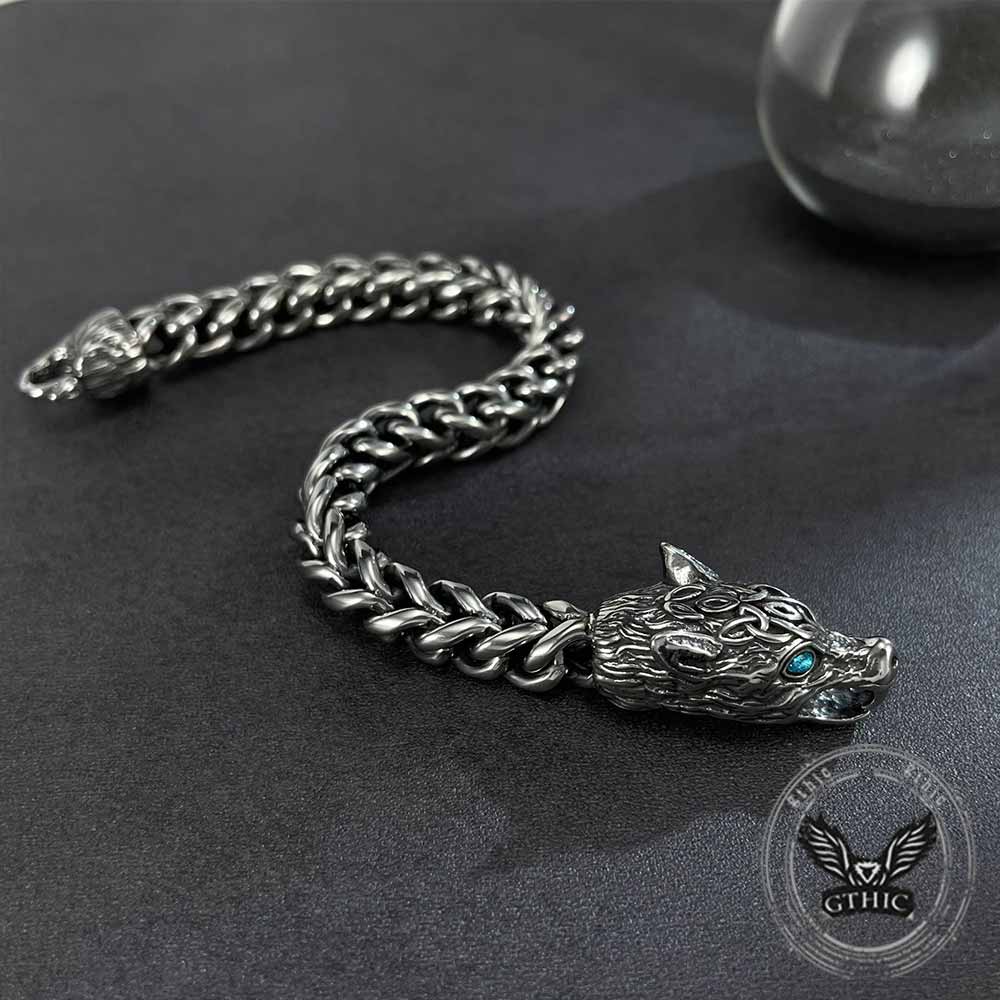 Fenrir Wolf Head Gem Eye Stainless Steel Bracelet