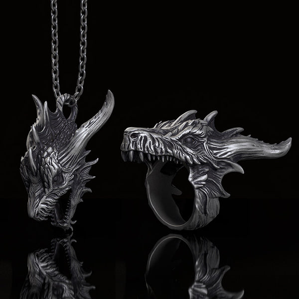 Fierce Dinosaur Head Sterling Silver Jewelry Set
