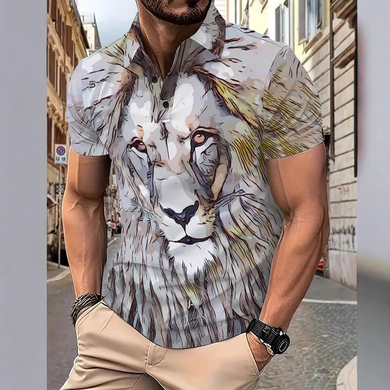 Fierce Lion Head Print Short Sleeve Polo Shirt | Gthic.com