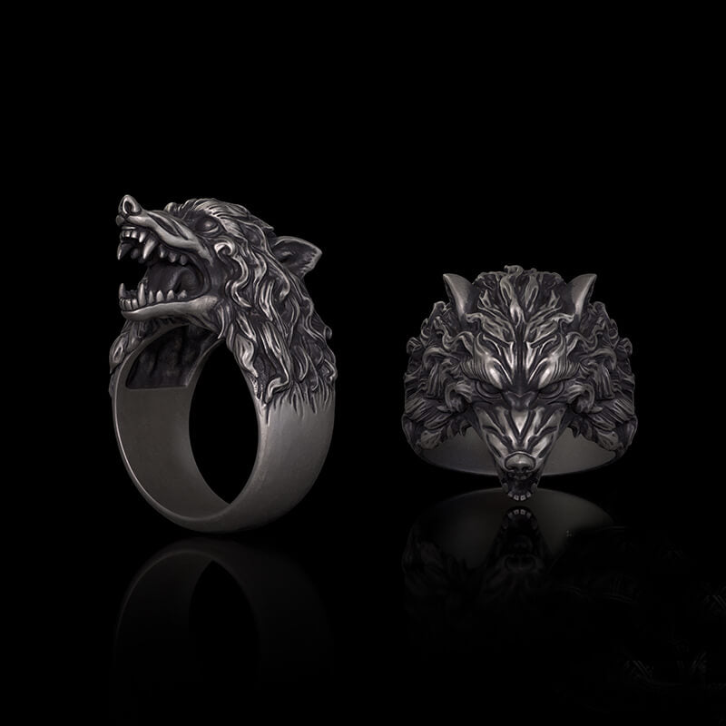 Fierce Roaring Wolf Sterling Silver Viking Ring | Gthic.com