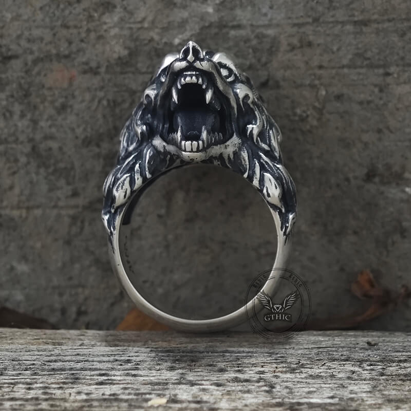 Fierce Roaring Wolf Sterling Silver Viking Ring | Gthic.com