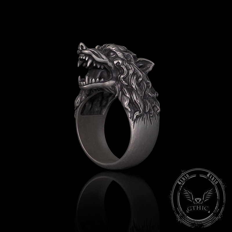 Fierce Roaring Wolf Sterling Silver Viking Ring | Gthic.com