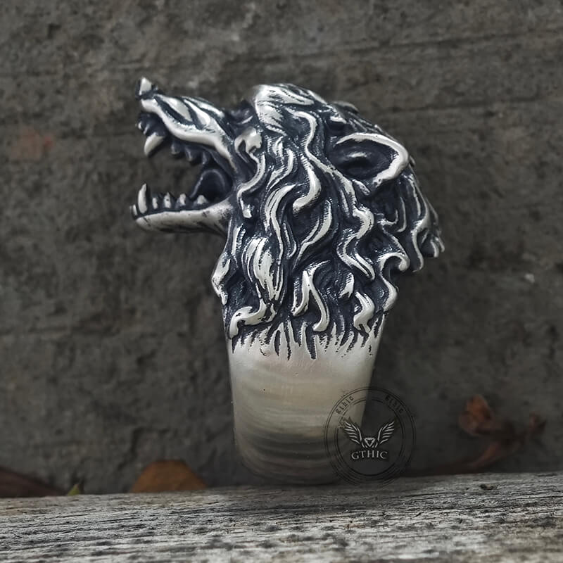 Fierce Roaring Wolf Sterling Silver Viking Ring | Gthic.com