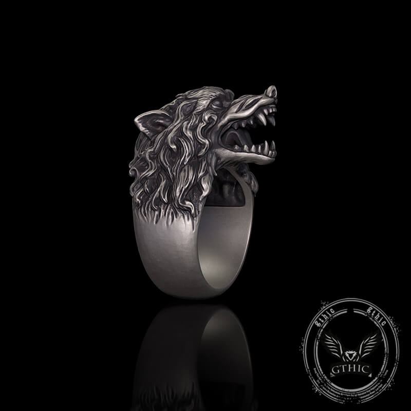 Fierce Roaring Wolf Sterling Silver Viking Ring | Gthic.com