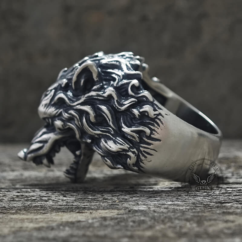 Fierce Roaring Wolf Sterling Silver Viking Ring | Gthic.com