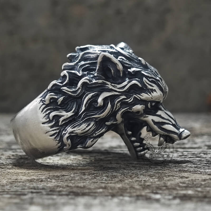 Fierce Roaring Wolf Sterling Silver Viking Ring | Gthic.com
