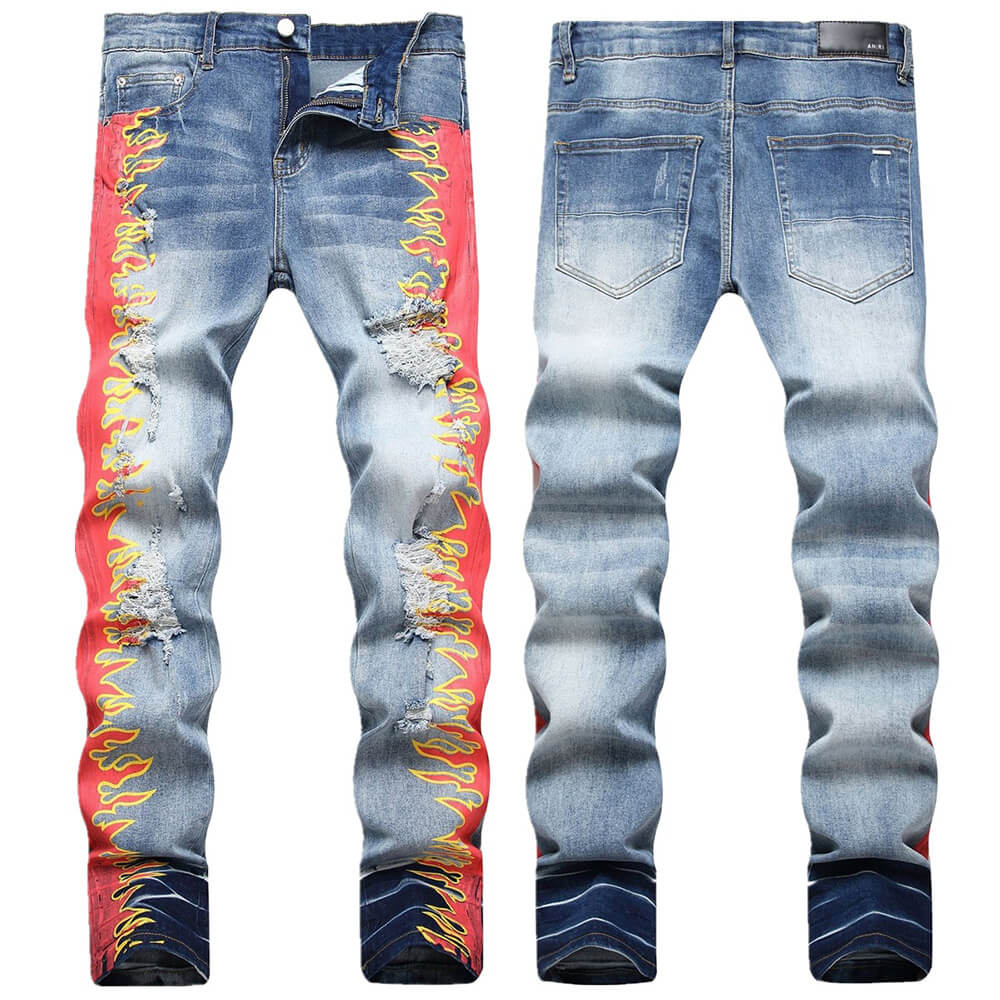 Flame Print Cotton Distressed Pants | Gthic.com