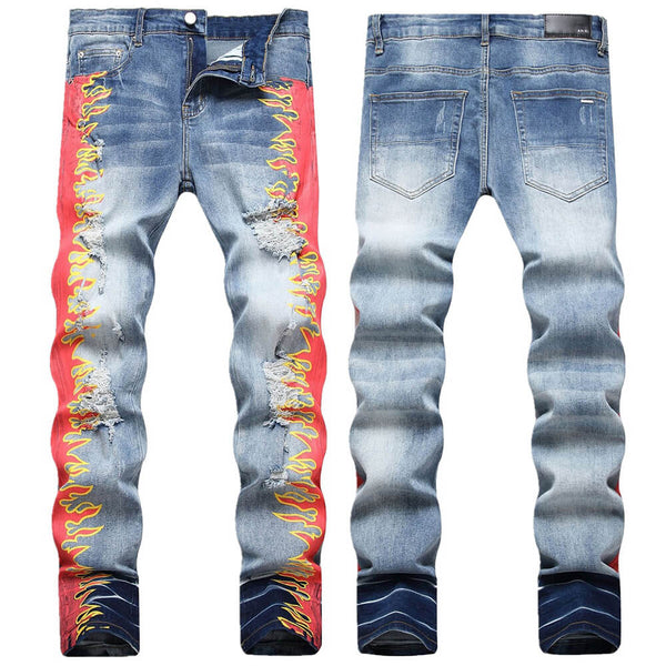 Flame Print Cotton Distressed Pants | Gthic.com