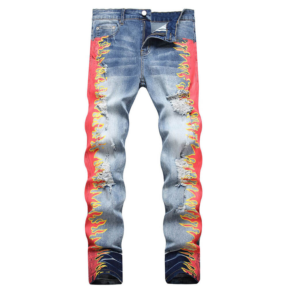 Flame Print Cotton Distressed Pants | Gthic.com