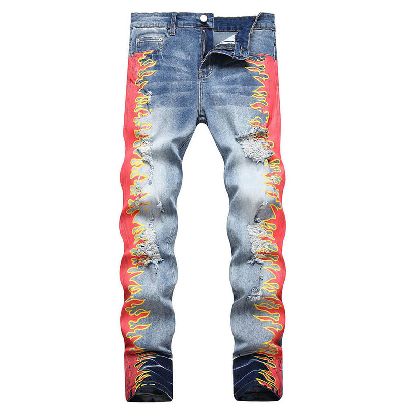 Flame Print Cotton Distressed Pants | Gthic.com