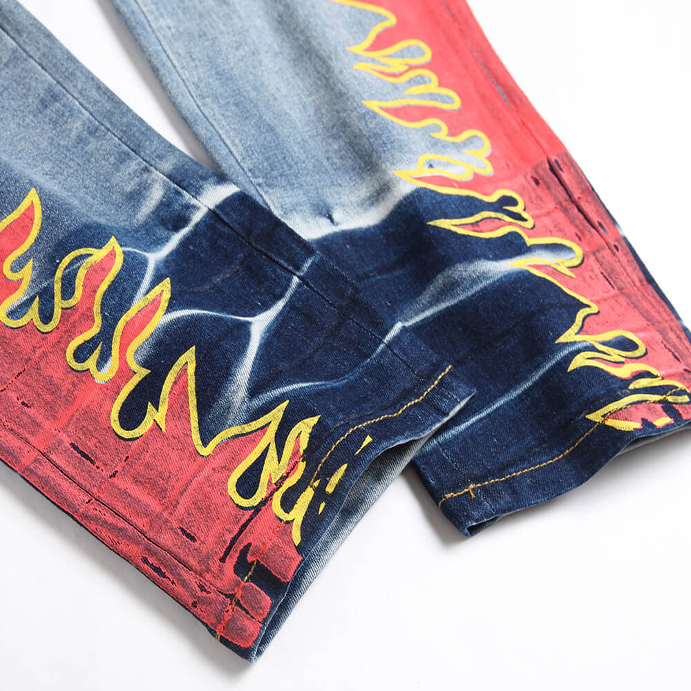 Flame Print Cotton Distressed Pants | Gthic.com