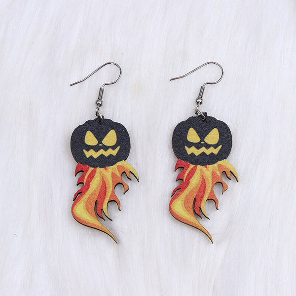 Flame Pumpkin Wood Halloween Earrings