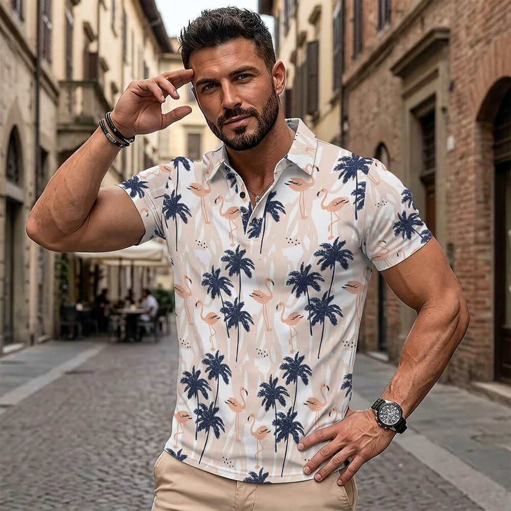 Flamingo Coconut Tree Print Short Sleeve Polo Shirt