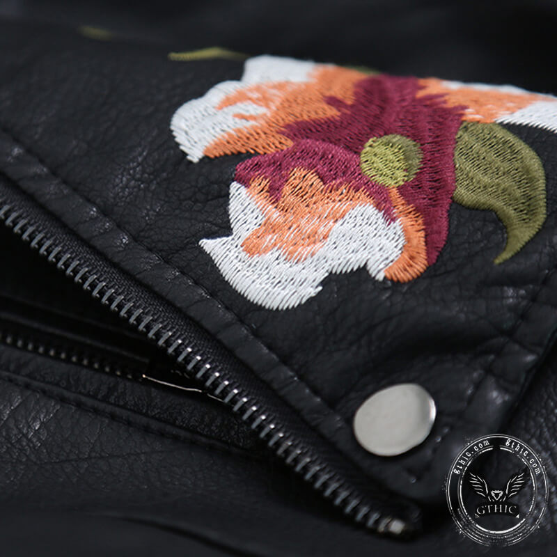 Floral Embroidered Studded Leather Biker Jacket