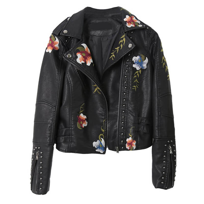 Floral Embroidered Studded Leather Biker Jacket | Gthic.com