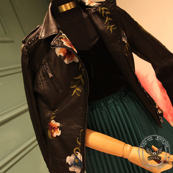 Floral Embroidered Studded Leather Biker Jacket | Gthic.com