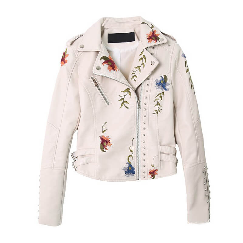 Floral Embroidered Studded Leather Biker Jacket | Gthic.com