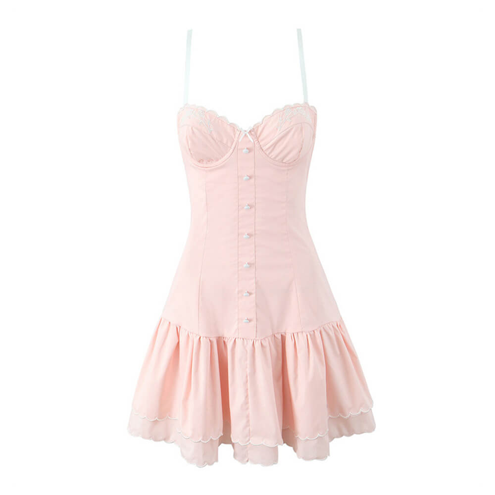 Floral Embroidery Back Tie-Back Suspender Dress 02 | Gthic.com