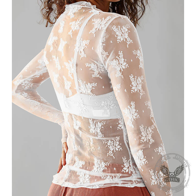 Floral Embroidery Mesh Sheer Long Sleeve T-shirt