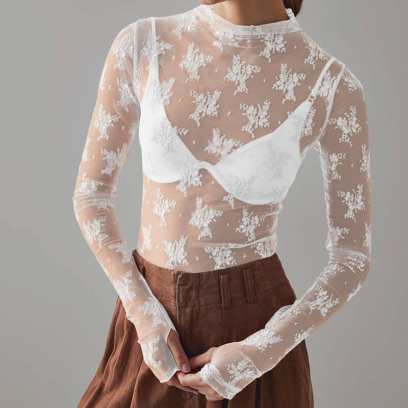 Floral Embroidery Mesh Sheer Long Sleeve T-shirt | Gthic.com
