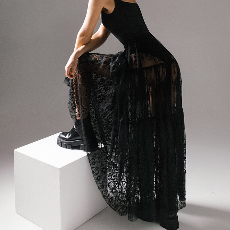 Floral pattern High Waist Flare Maxi Lace skirt | Gthic.com