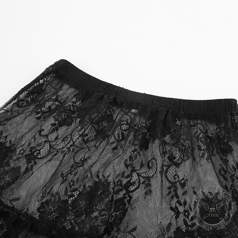 Floral pattern High Waist Flare Maxi Lace skirt | Gthic.com