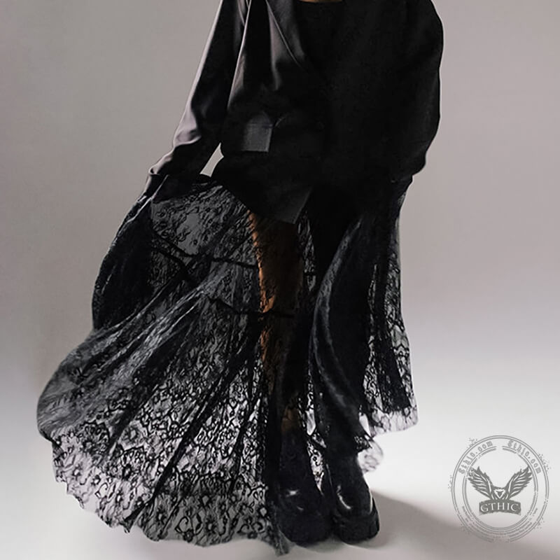 Floral pattern High Waist Flare Maxi Lace skirt | Gthic.com