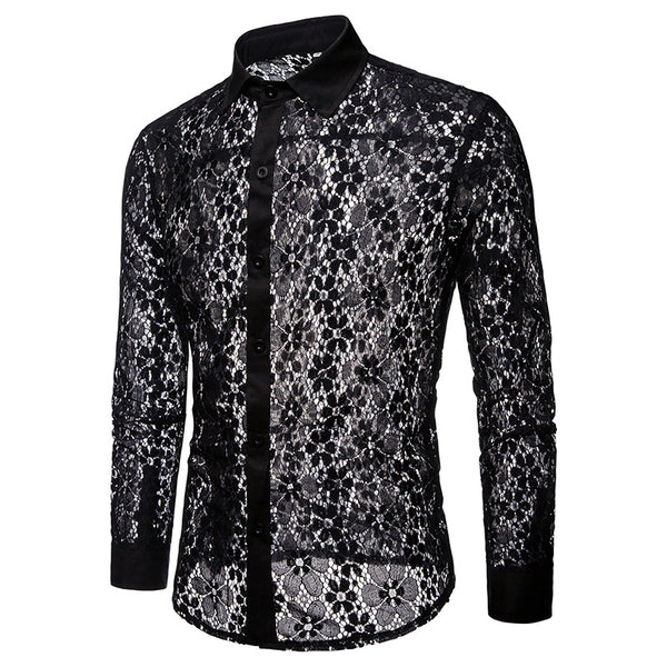 Floral Pattern Lace Lapel Mens Shirt, White / S (Bust 100 cm) Floral Pattern Lace Lapel Mens Shirt, White / S (Bust 100 cm)