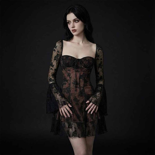 Sheer Lace Long-Sleeve Mini Dress XL / Red