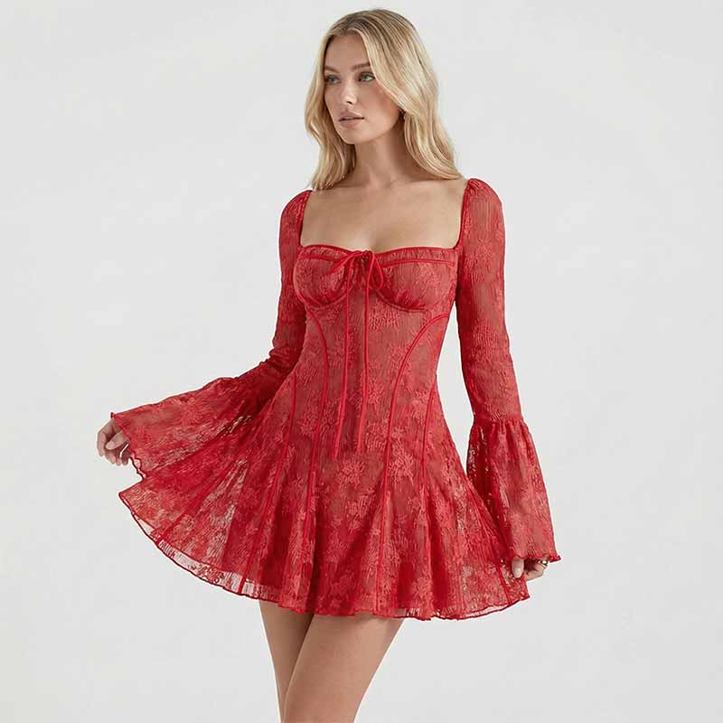 Floral Pattern Lace Tie Front Mini Dress | Gthic.com