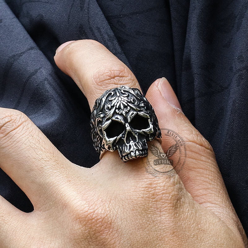 Floral Pattern Skull Head Stainless Steel Ring