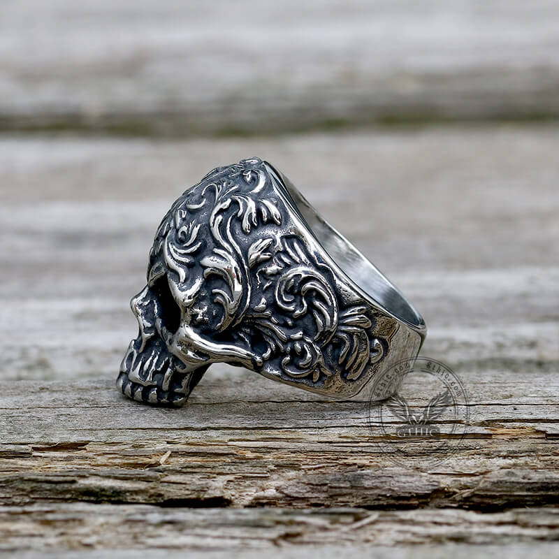 Floral Pattern Skull Head Stainless Steel Ring