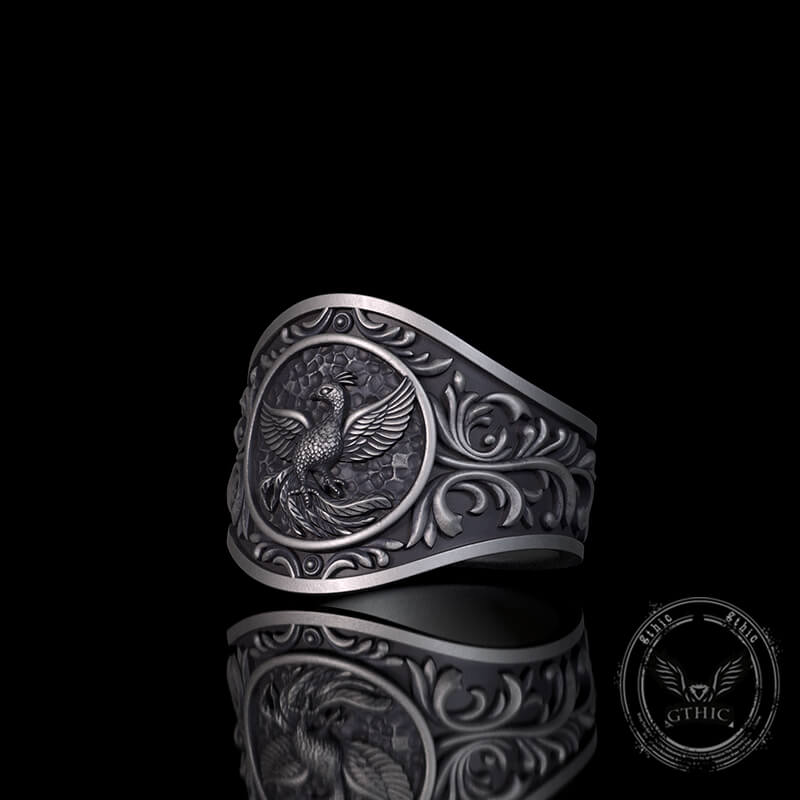 Floral Scrolls Phoenix Sterling Silver Ring | Gthic.com