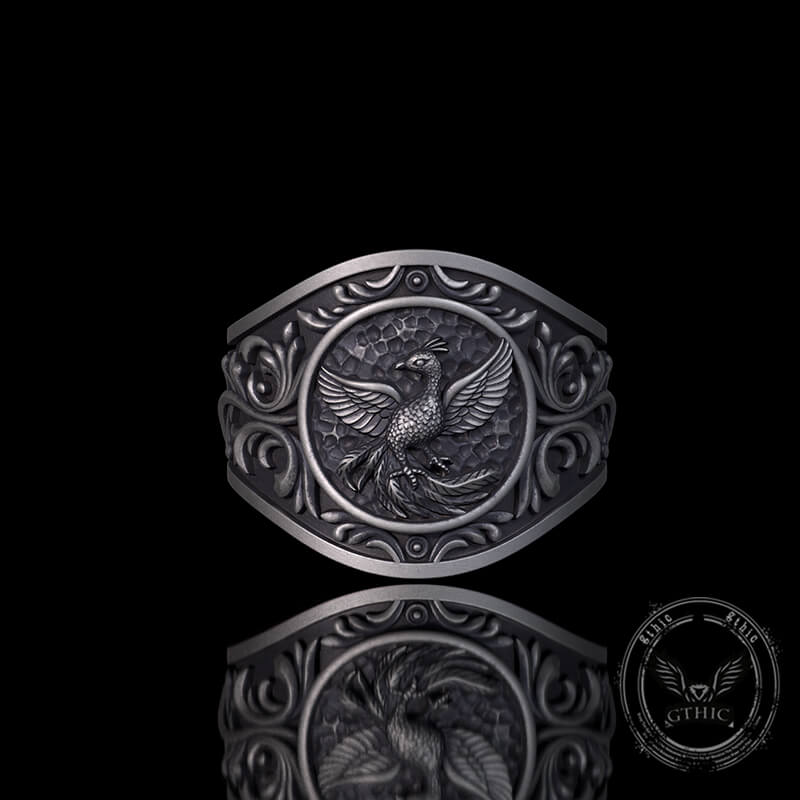 Floral Scrolls Phoenix Sterling Silver Ring | Gthic.com
