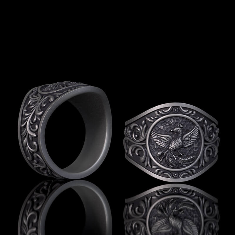 Floral Scrolls Phoenix Sterling Silver Ring | Gthic.com