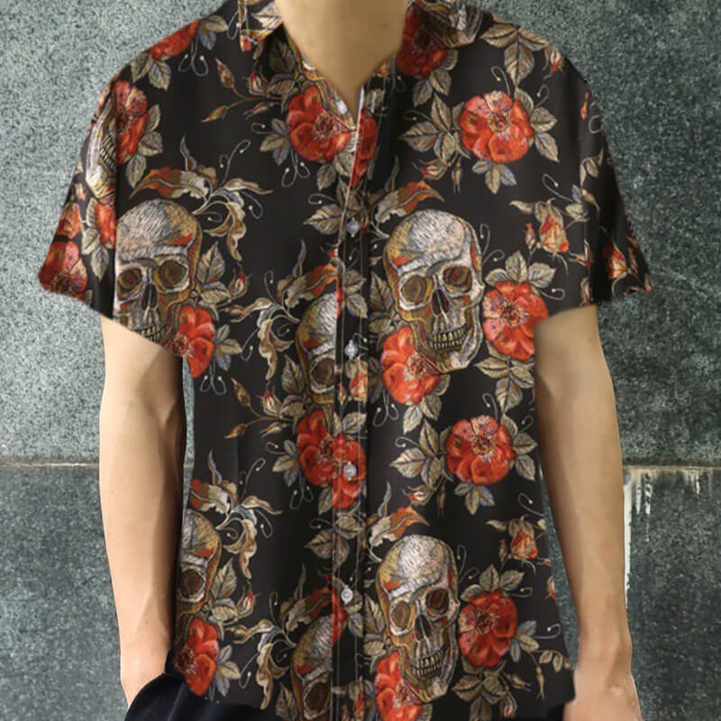 Floral Skull Print Polyester Hawaiian Shirt | Gthic.com