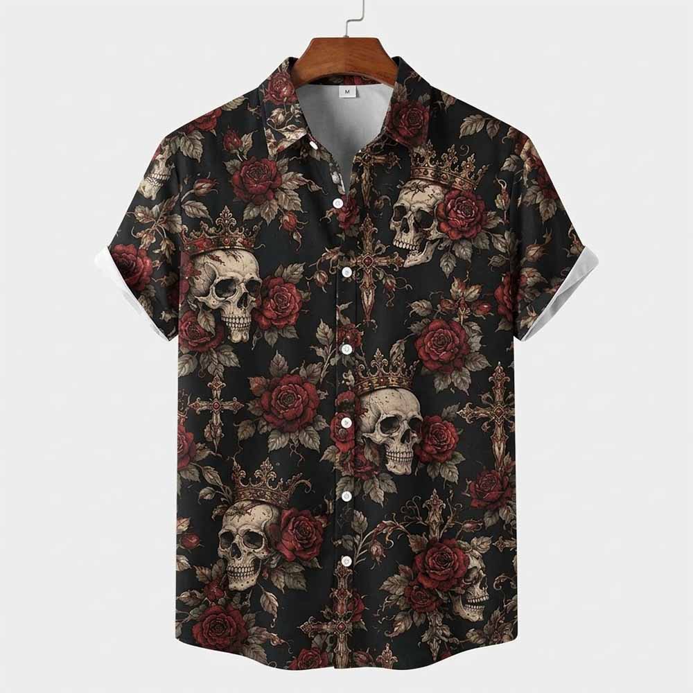 Floral Skull Print Polyester Hawaiian Shirt | Gthic.com