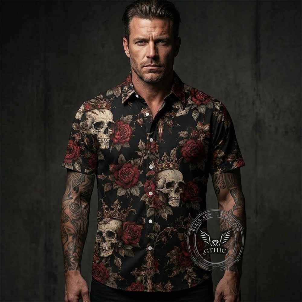 Floral Skull Print Polyester Hawaiian Shirt | Gthic.com