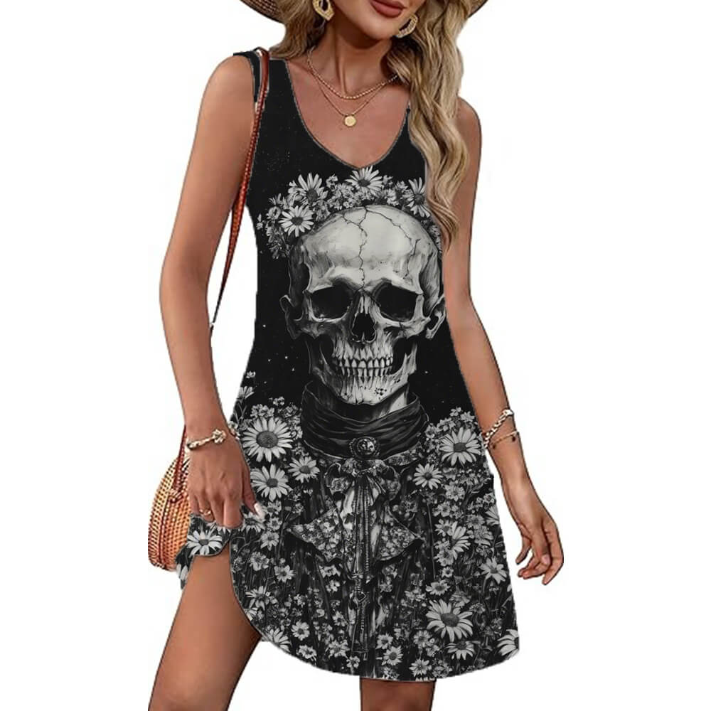 Floral Skull Print V-Neck Vest Dress 01 | Gthic.com