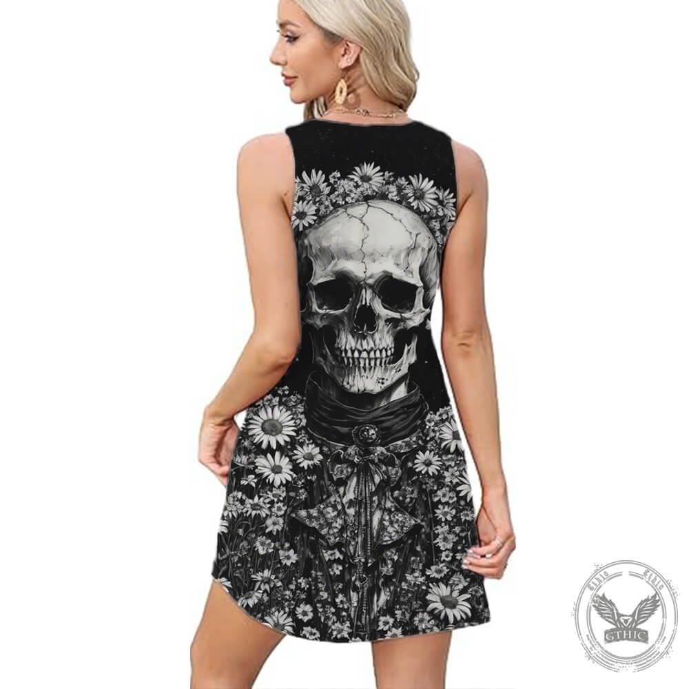 Floral Skull Print V-Neck Vest Dress 02 | Gthic.com