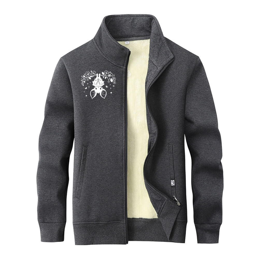 Flower Bat Print Stand Collar Zip Fleece Sherpa Cardigan