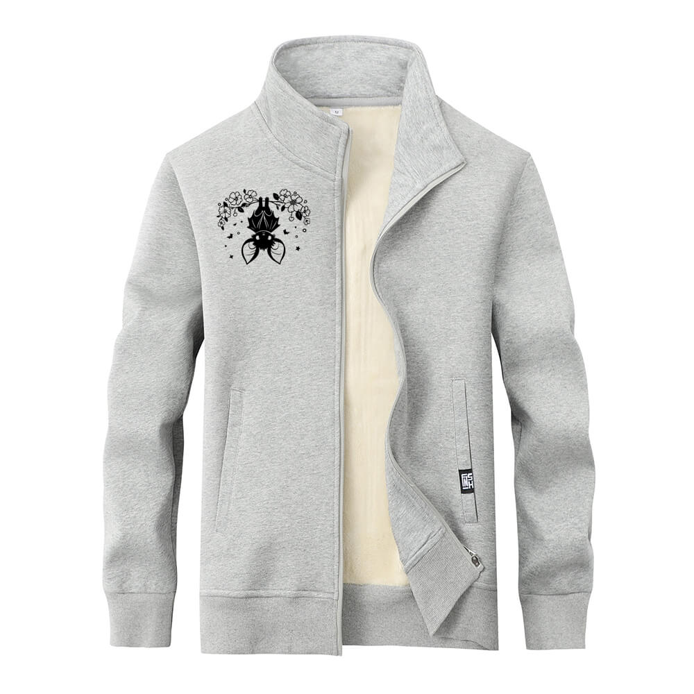 Flower Bat Print Stand Collar Zip Fleece Sherpa Cardigan