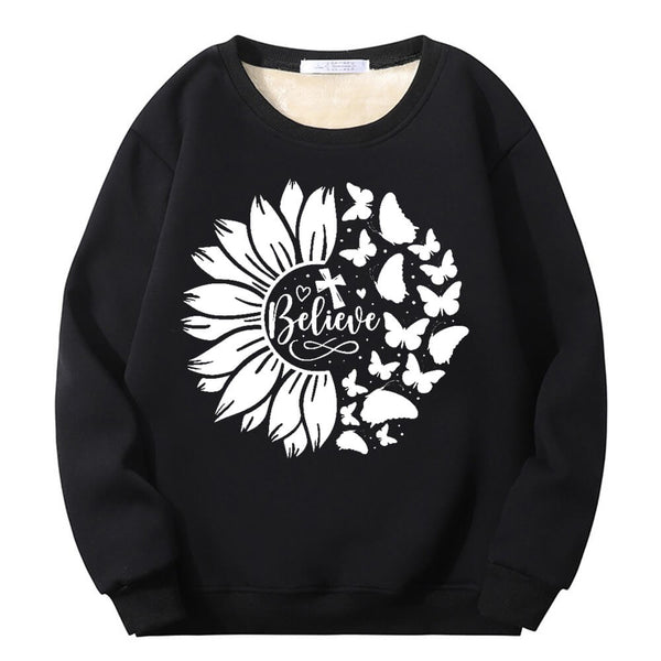 Flower Butterfly Believe Cross Crew Collar Sweatshirt | Gthic.com