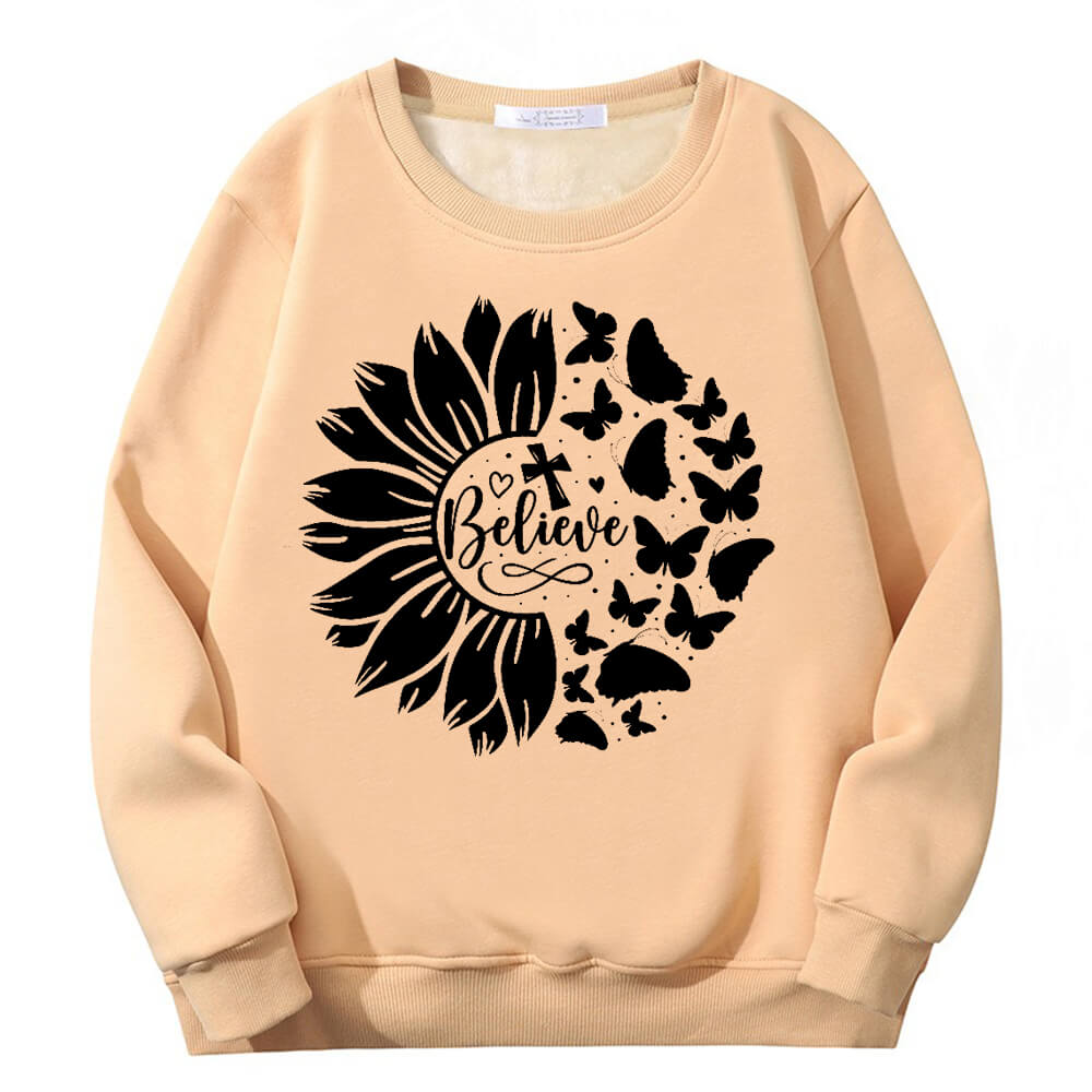 Flower Butterfly Believe Cross Crew Collar Sweatshirt | Gthic.com