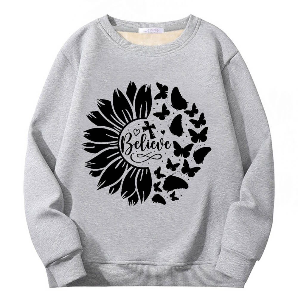 Flower Butterfly Believe Cross Crew Collar Sweatshirt | Gthic.com