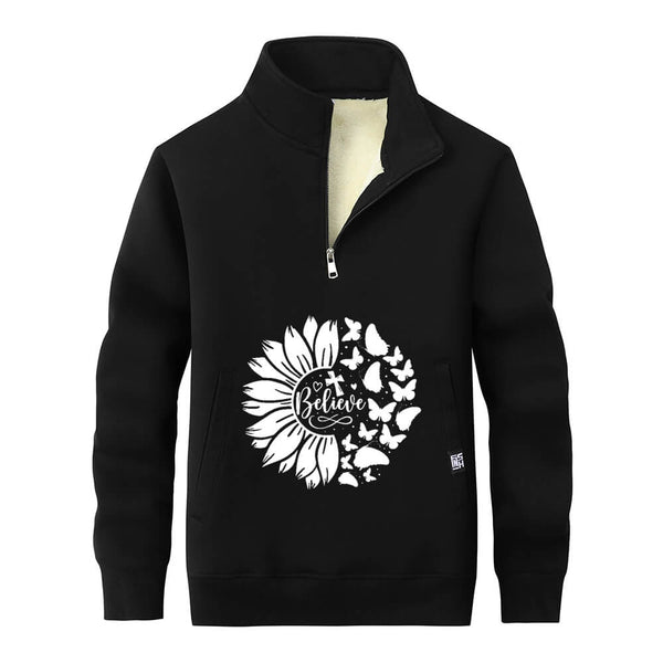 Flower Butterfly Believe Cross Stand Collar Zip Sweatshirt