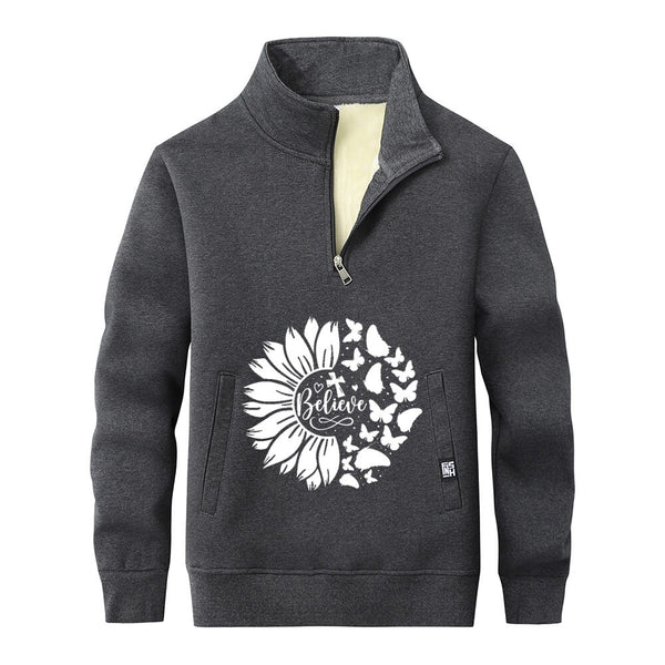 Flower Butterfly Believe Cross Stand Collar Zip Sweatshirt