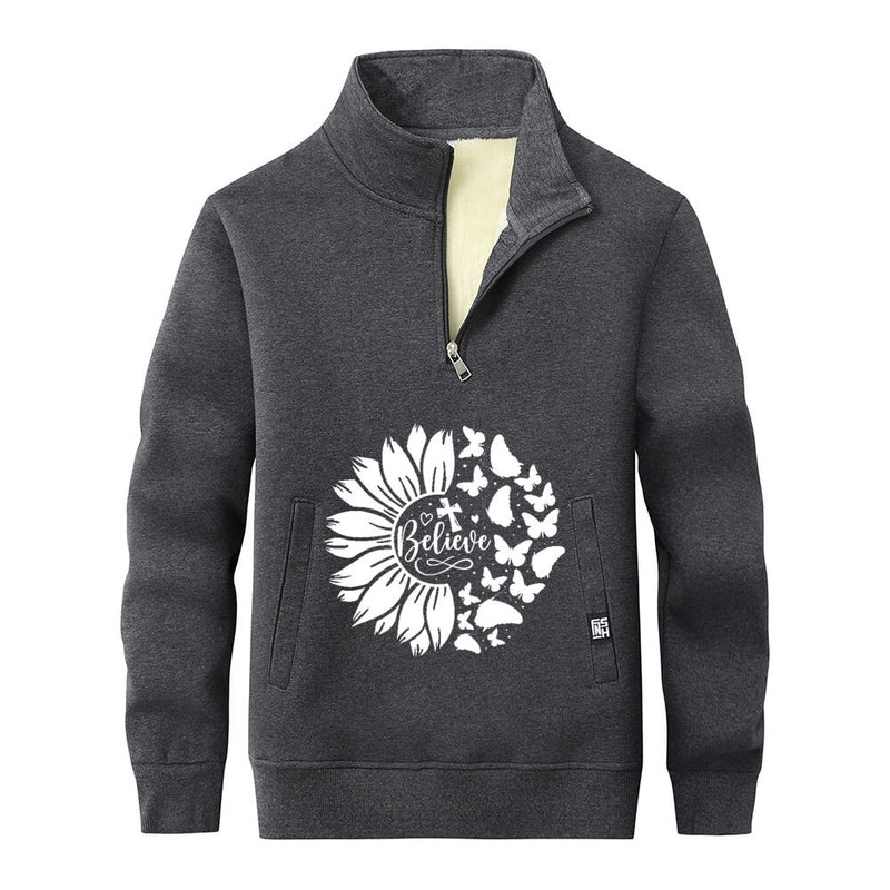 Flower Butterfly Believe Cross Stand Collar Zip Sweatshirt