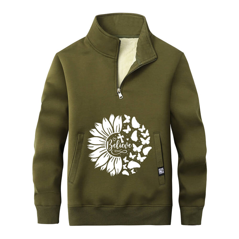 Flower Butterfly Believe Cross Stand Collar Zip Sweatshirt