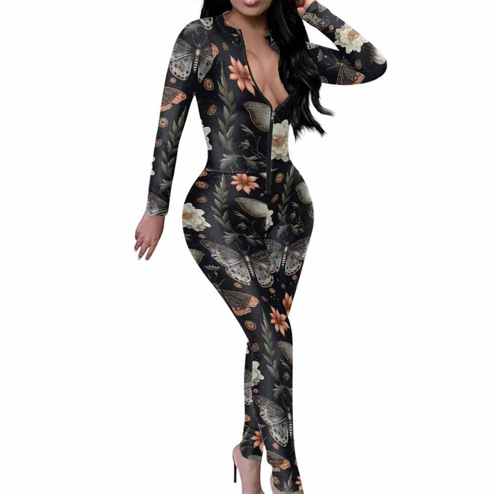 Flower Butterfly Print Sexy Zipper Skinny Jumpsuit 01 | Gthic.com